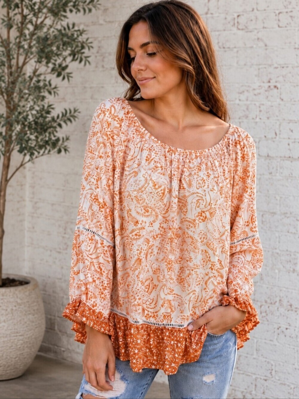 Fever Coral/Orange Paisley Boho Peasant Blouse Large EUC